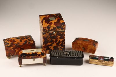 A Group of 6 19th C Antique Small Boxes, Matchsafes, Objets de Vertue. Decorated with inlay 