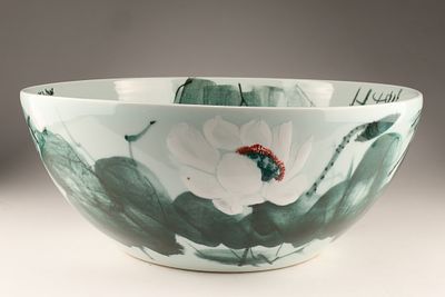 Large 1970s Signed Chinese or Japanese Bowl, Hand Painted Lotus . Large 1970s Signed Hand 
