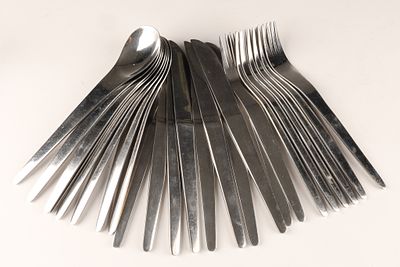 1960s MCM Carl Aubock Style 24 Pcs Stainless Cutlery Set for 8 . A stainless steel, stamped INOX 