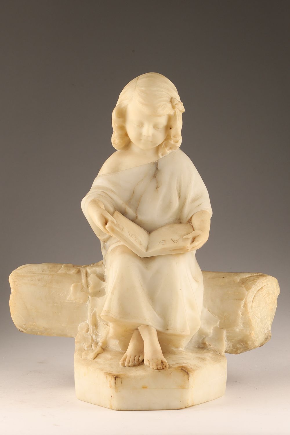 19th C Italian Alabaster Sculpture, La Lezione di Lettura / The Reading Lesson Signed Juyi. A 