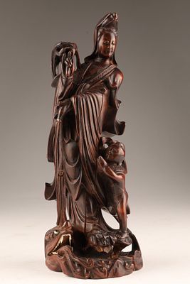 Chinese Wood Carved Sculpture of Guanyin with Child and Dragon. Chinese wood carved sculpture of 
