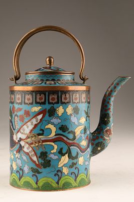 Antique Chinese Cloisonne Enamel Teapot with foliage decor . Antique Chinese cloisonne enamel 