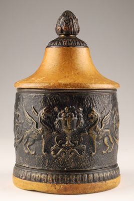 Italian Tobacco Humidor, Pottery With Tooled Leather, Winged Griffins. Italian Tobacco Humidor 
