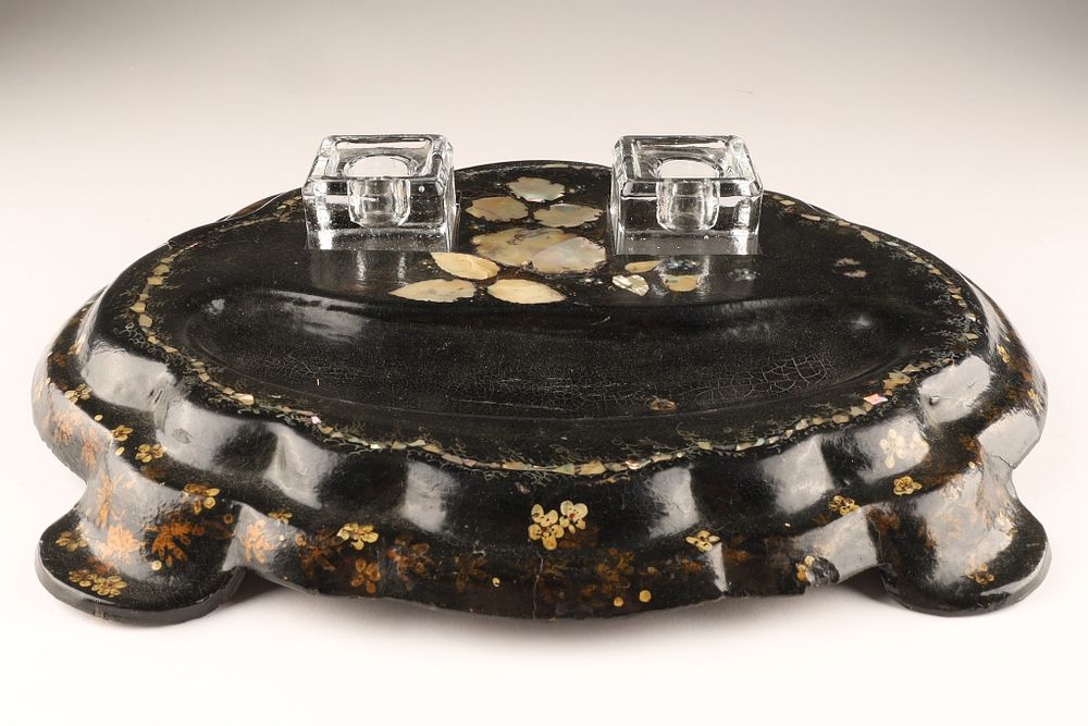 Victorian Lacquered Papier Mache Ink Stand / Desk Set C.1870s featuring black lacquer 