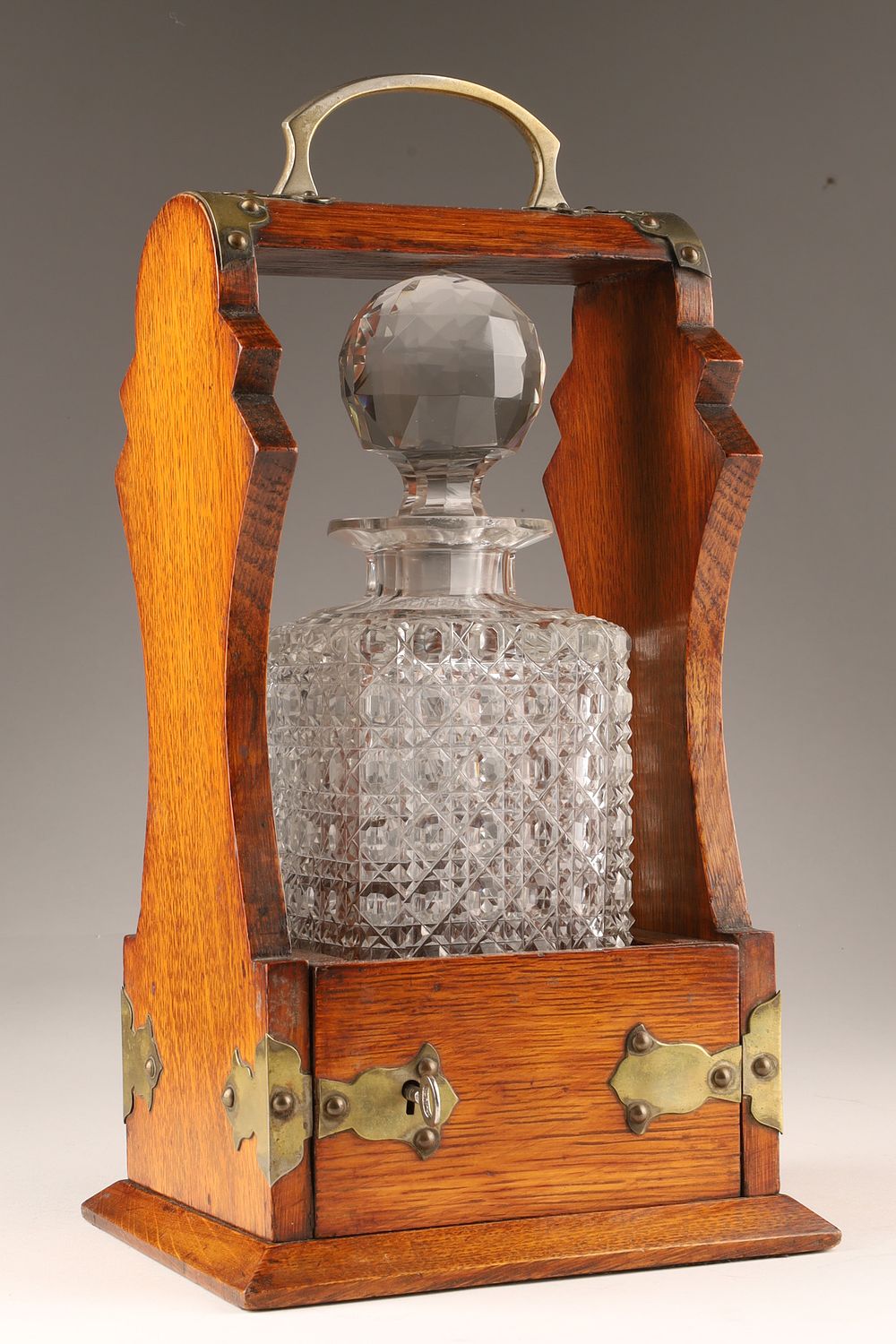 Victorian Single-bottle Tantalus / Locking Liquor Cabinet, Oak and Silver-plated Hardware. a 