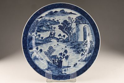 Chinese Blue and White Plate with Landscape Signed . Chinese blue and white porcelain landscape 