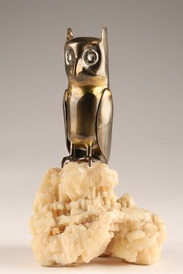 Brutalist Modernist Metal Owl Sculpture Mounted On Geode Base, Marked 1972. Brutalist Modernist 