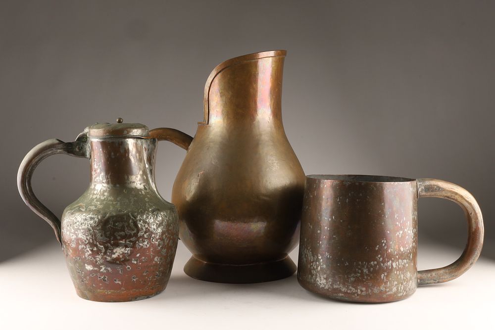 A Group of Antique French Kitchen Hammered Copper Pitchers Pots. Antique French copper jugs 