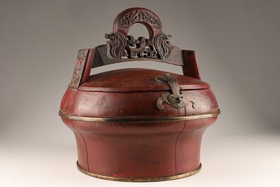 Antique Chinese Red Lacquered Bride's or Wedding Basket . An antique Chinese red lacquered wood 