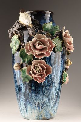 Chinese Majolica Vase Applied Pink Roses and Bird, Signed. A Chinese Majolica vase featuring 