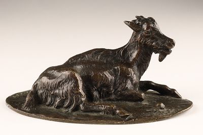 Louis-Theophile Hingre (French, 1832-1911) Bronze Sculpture of A Reclining Goat. A bronze 