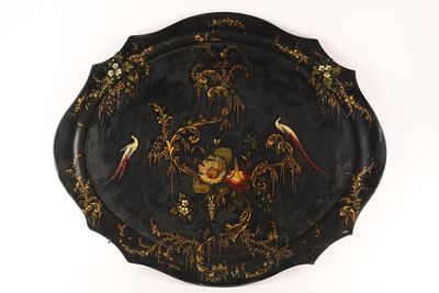 Large Antique 19th C. Hand Painted Papier Mache Tray. A Victorian Scalloped papier-mache tray 