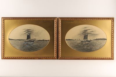 Pair Antique Chinese Watercolour Maritime Paintings Signed Chan Shing. A pair of antique Chinese 