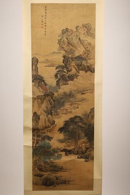 Antique Silk Chinese Mountainous Landscape Painting Scroll. Antique hand signed silk Chinese 