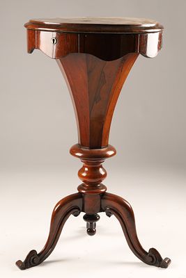 Antique Victorian Trumpet Sewing Table With Marquetry Flowers. A Victorian-era trumpet sewing or 