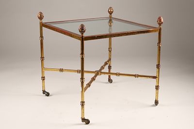 1970s Modernist Maison Bagues Style Gold and Glass Square Side Table with Pineapple Finials. 1970 