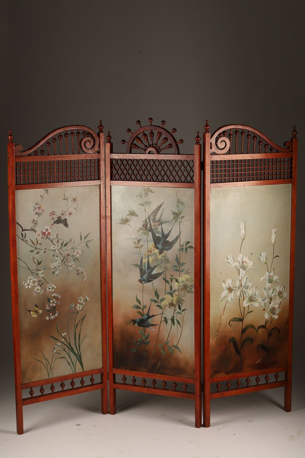 Antique Victorian Aesthetic Movement 3 Panel Hand Painted Room Divider. An antique Victorian 