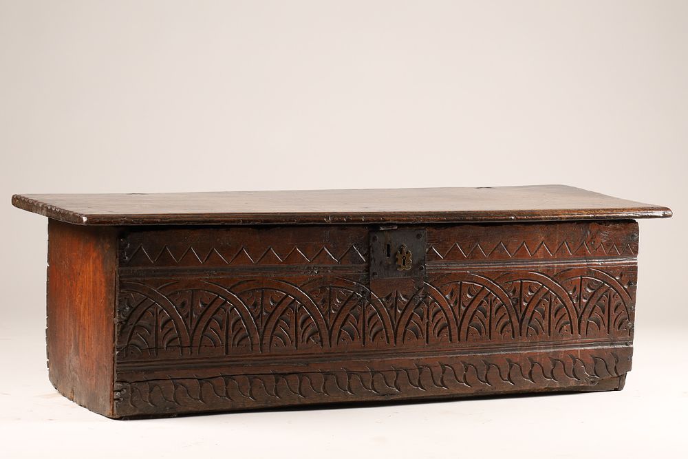 17th C English Jacobean / Charles II Carved Oak Coffer Box. A 17th-century English Jacobean or 