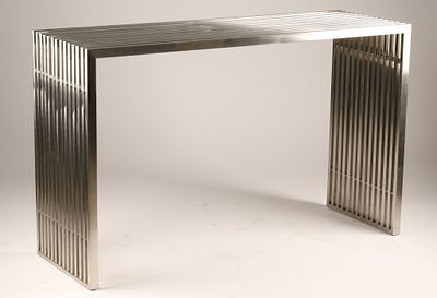 Vintage Post Modern Stainless Steel Console or Sofa Table constructed with slats in the style 