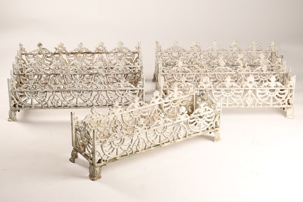 Victorian Antique Cast Iron Painted Patio Garden Planters . Set of 5 Victorian antique cast iron 