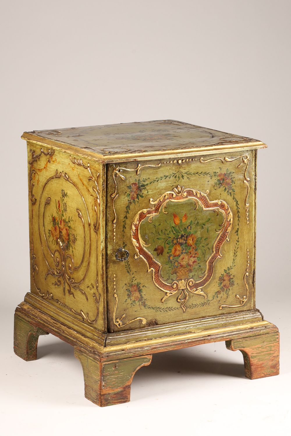 Antique Gilt and Painted Florentine Cabinet Side Table on Bracket Foot. With raised gilt 