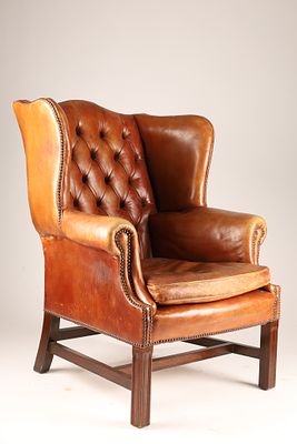 Antique English George III Style Deep Buttoned Leather Wing Back Armchair featuring button 