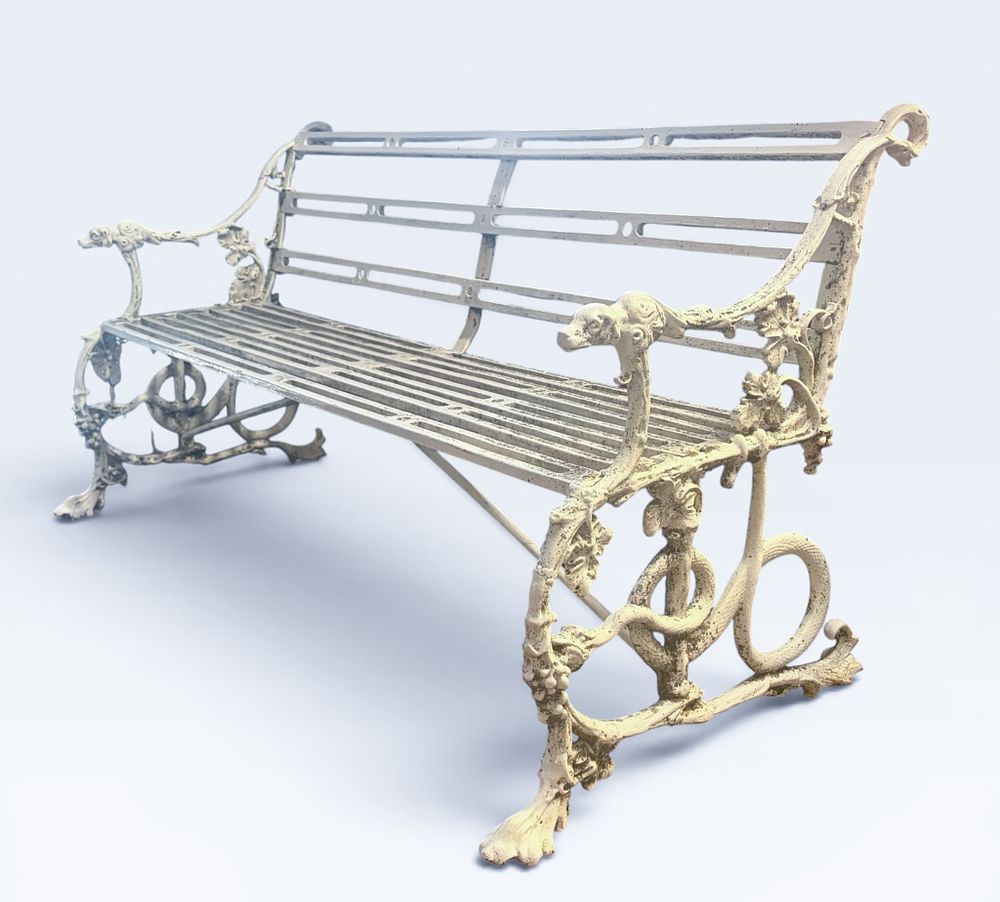 19th C English Serpent and Grape Pattern Cast Iron Garden Bench. An English white painted cast 