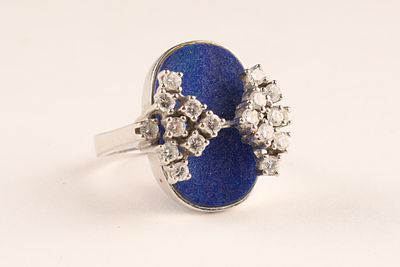 14K White Gold Diamond and Lapis Lazuli Cocktail Ring, Size 11. 14K white gold, stamped 585 