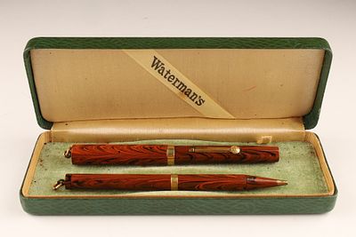 Antique Waterman Red Ripple Fountain Pen Set in Original Box. Antique 1920s Waterman 52 Red 