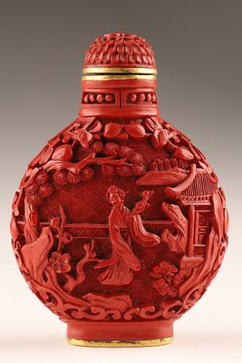 Chinese Signed carved cinnabar lacquer snuff bottle with landscape. Chinese carved cinnabar 