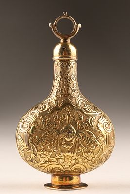 Antique French or German Silver Scent Bottle and Vinaigrette. Ornate antique gilt-silver scent 