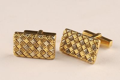 18K White and Yellow Gold Italian Basketweave Cufflinks. Italian 18K white and yellow gold 