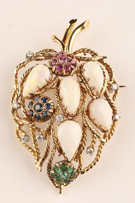 18K Gold Wire Twist Strawberry Brooch, Opals, Diamonds, Rubies, Emeralds and Sapphires. 18K Gold 