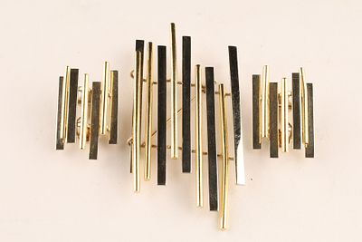 18K Gold Piero Milano Italian Modernist Brooch and Earrings Demi-Parure Set. Brutalist / 