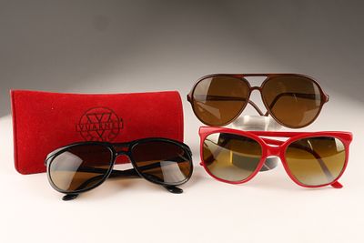 Collection of 3 Vintage Vuarnet France Sunglasses with Branded Pouch. Includes classic red 