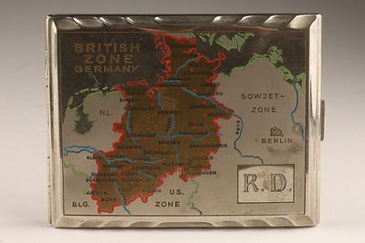 British Zone Occupied Germany WWII Cigarette Case . Unique silver tone machine worked cigarette 