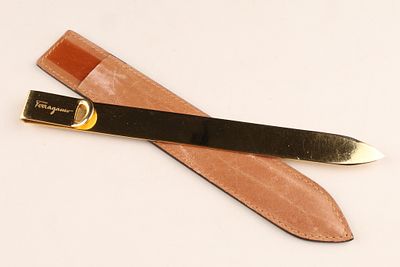 Ferragamo Vintage Gold Tone Letter Opener with Leather Holder. An elegant vintage Italian desk 