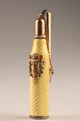Faberge Gold Diamond and Yellow Guilloche Enamel Lighter. Gold and Yellow Silver Mounted 