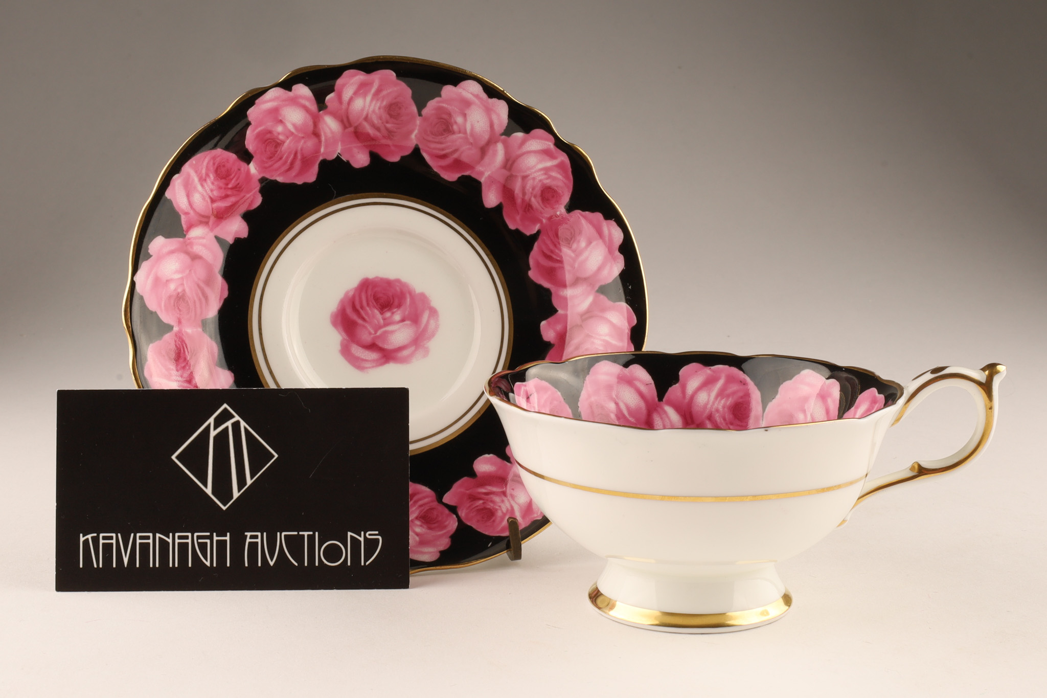Lot 342 - Paragon Queen Mary Cabbage Rose on Black Ground Teacup