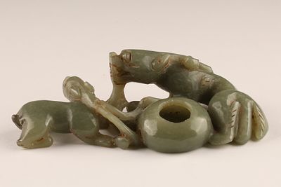 Chinese Green Jade Carved Mythical Beasts Brush Washer. Chinese Green Jade Carving depicting 