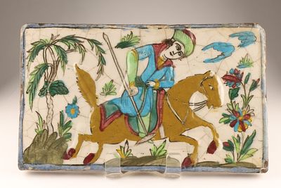 Antique Iznik Middle Eastern Qajar Polychrome Glazed Tile Polo Player. 19th-century Middle 