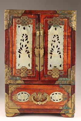 Chinese Hardwood and Jade Inlay Jewelry Cabinet. A Chinese hardwood miniature jewelry cabinet 