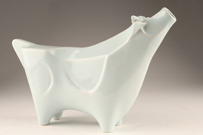 Signed Japanese Cubist Ceramic Ikebana Cow Vase or pitcher with pale blue glaze and signed 