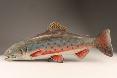 Folk Art Hand-carved and Painted Wooden Brook Trout Fish Sculpture. Features stylized, vibrant 