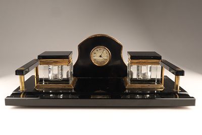 French Art Deco Black Glass Desk Set / Ink Stand, central decorative arch holds a mechanical 