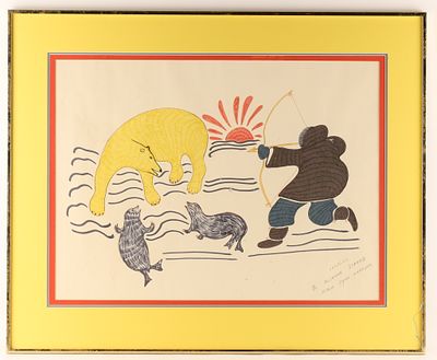 Agnes Nanogak Goose (Northwest Territories, 1925-2001) Ink on Paper Arctic Hunting Scene. Agnes 