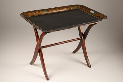 Large Victorian Toleware Tray With Japanned Black Finish On Folding Stand. Large Victorian 