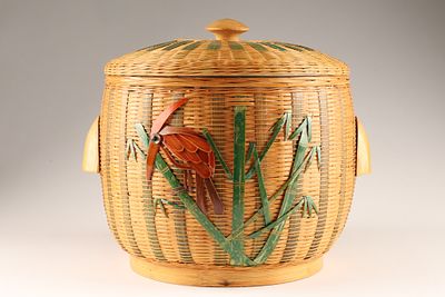 Chinese Vintage Shanghai Weave Rattan Tiki Bird / Toucan Ice Bucket. THE SIMON CHANG COLLECTION 