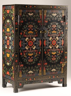 Chinese Colourful Black Lacquered Two Door Storage Cabinet. THE SIMON CHANG COLLECTION - Chinese 