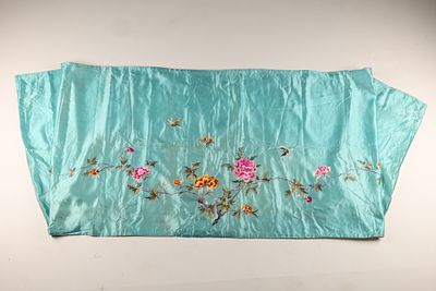 Chinese Antique Turquoise Satin Embroidered Woman's Shawl Wrap 1920. THE SIMON CHANG COLLECTION 